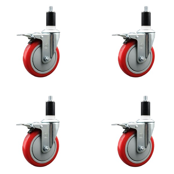 Service Caster 5'' SS Red Poly Swivel 1-3/8'' Expanding Stem Caster Set Total Lock Brake, 4PK SCC-SSEXTTL20S514-PPUB-RED-138-4 - main